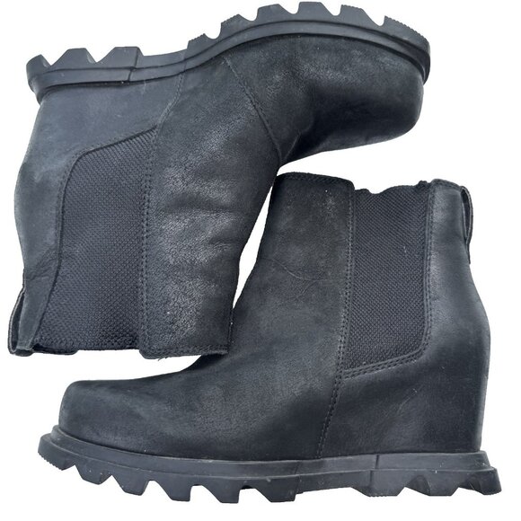SOREL Joan of Arctic Wedge Chelsea Boots Black Women's Size 7 Pre-owned Stylish - Picture 1 of 8